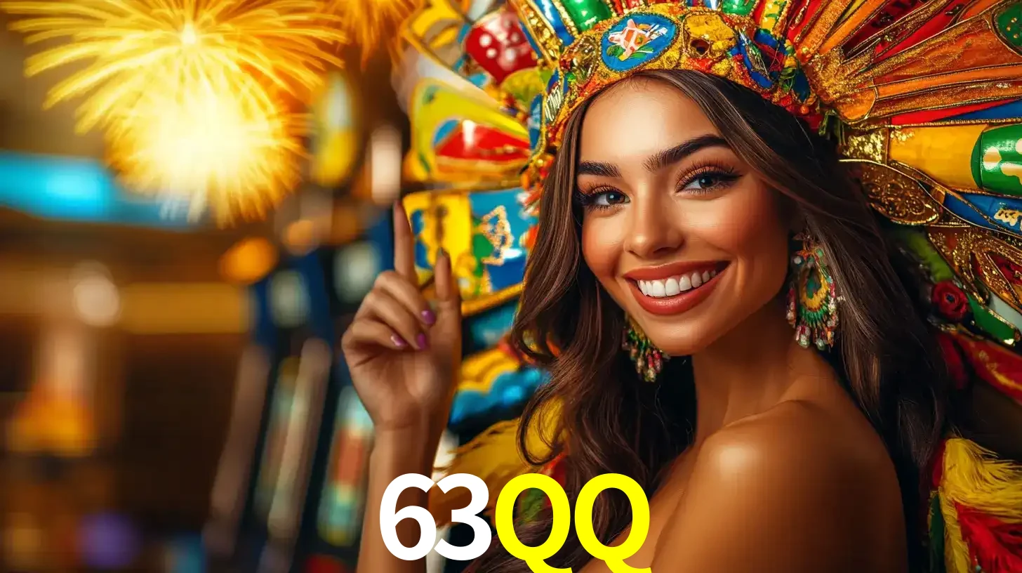 Mulher sorridente com um cocar de carnaval vibrante e colorido, celebrando uma grande vitória nos jogos do cassino 63QQ com fogos de artifício ao fundo.