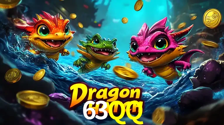 Arte promocional do jogo Dragon Hatch com três adoráveis dragões bebês nadando entre moedas de ouro, um dos slots mais divertidos para jogar no cassino 63QQ.