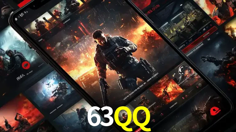 Tela de um celular exibindo uma galeria de jogos de tiro com temática militar, mostrando a variedade de e-sports disponíveis para apostas na plataforma de entretenimento 63QQ.