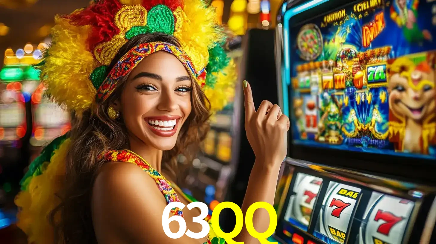 Mulher animada com um cocar de carnaval apontando para uma máquina de caça-níqueis, mostrando a emoção de ganhar um grande prêmio nos jogos do 63QQ.