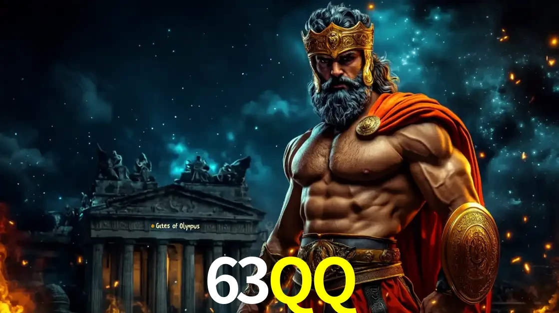 O poderoso Zeus do jogo de slot Gates of Olympus em frente ao seu templo, pronto para lançar multiplicadores divinos e prêmios épicos no cassino online 63QQ.
