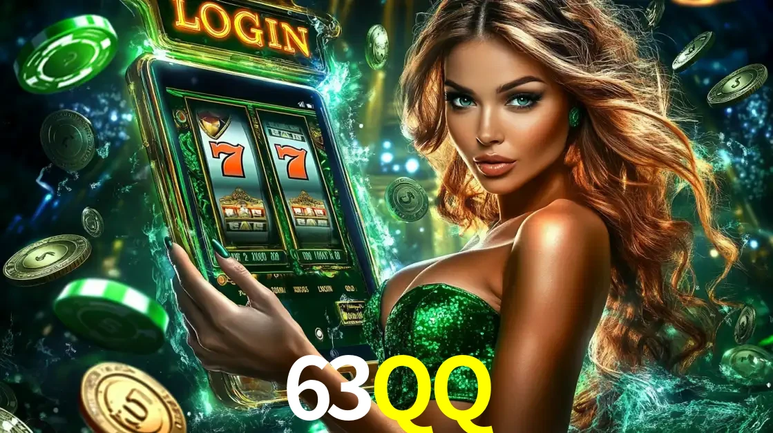 Mulher com tema verde apresentando o aplicativo do cassino 63QQ com um jogo de slot de 777, cercada por fichas de cassino e uma aura de sorte.