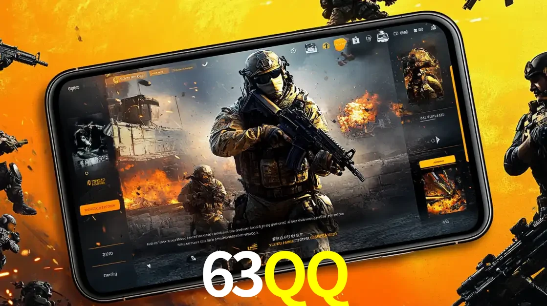 Um smartphone exibindo a interface de um jogo de tiro em primeira pessoa, com um soldado em um cenário de batalha, representando a ação dos e-sports para apostar no 63QQ.