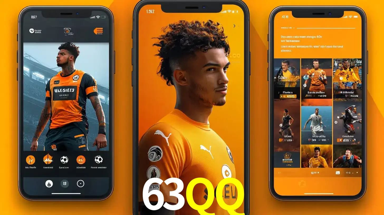 Interface do aplicativo de apostas esportivas 63QQ em três telas de celular, mostrando o perfil de um jogador de futebol e a lista de jogos disponíveis para apostar.