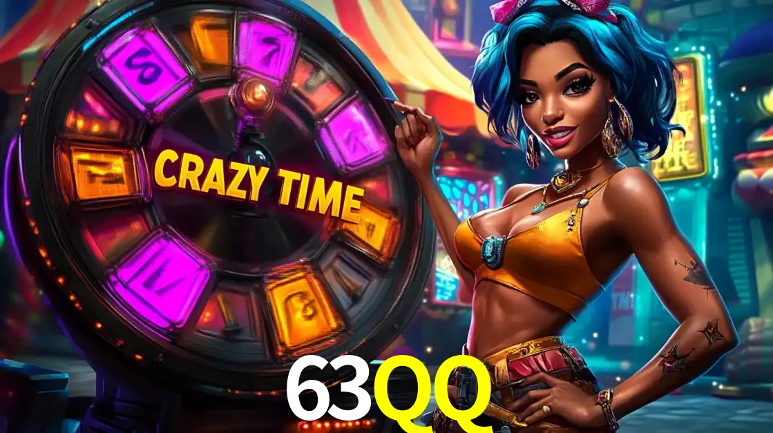 Mulher estilizada com cabelo azul e visual vibrante posando ao lado da roda de prêmios do game show Crazy Time, convidando para a diversão e os bônus do cassino 63QQ.