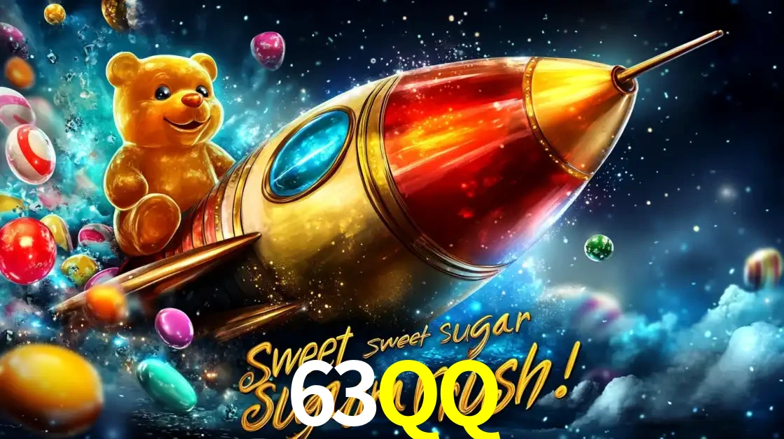 Arte promocional do jogo de slot Sugar Rush, com um urso de pelúcia em um foguete viajando pelo espaço de doces, um dos jogos divertidos disponíveis no cassino 63QQ.