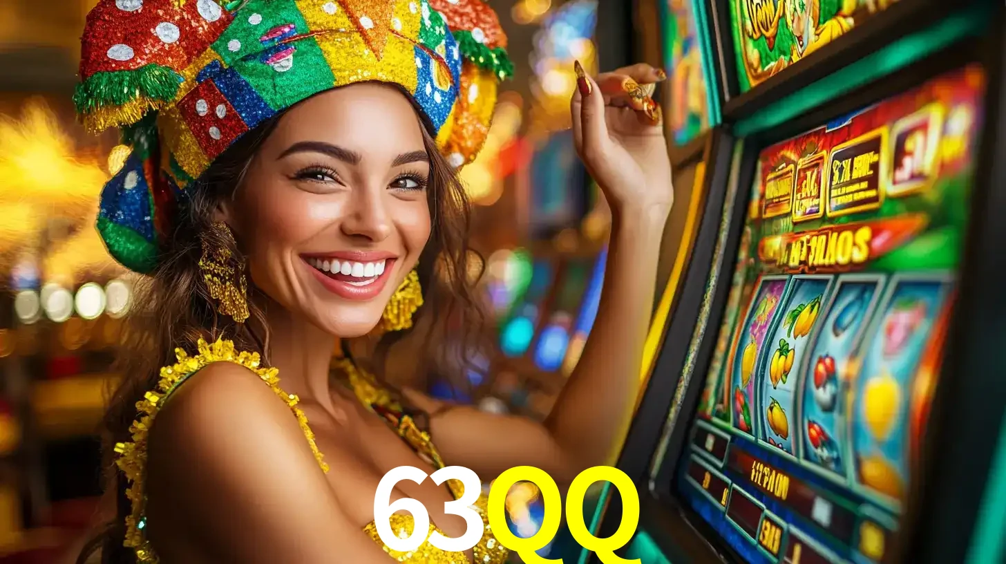 Mulher feliz com traje de carnaval amarelo e colorido ao lado de uma máquina de caça-níqueis, aproveitando a diversão e os jogos temáticos do cassino 63QQ.
