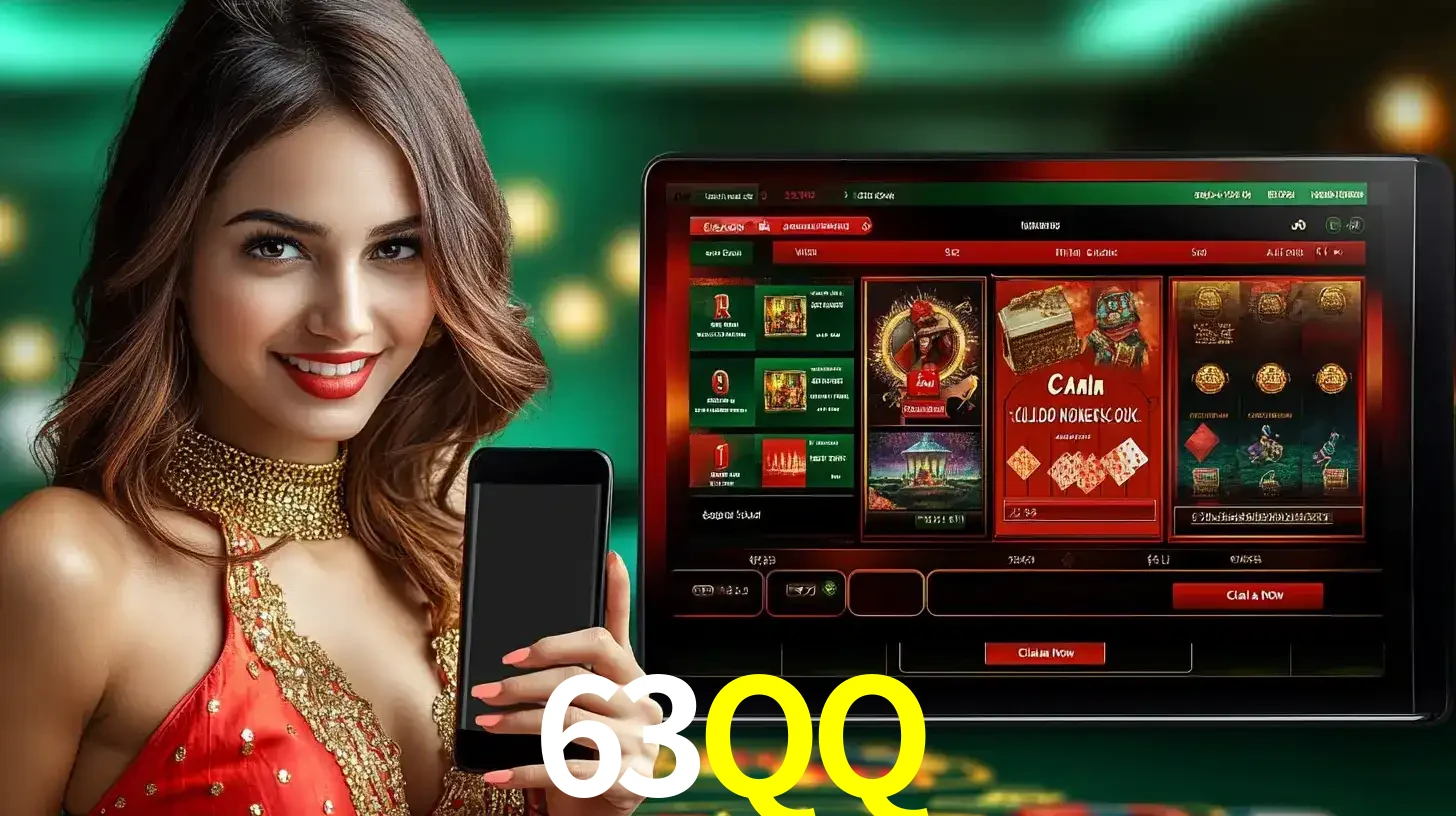 Mulher sorridente segurando um smartphone, ao lado de uma tela exibindo o lobby de jogos do cassino online 63QQ, com várias opções de jogos de cartas e slots.